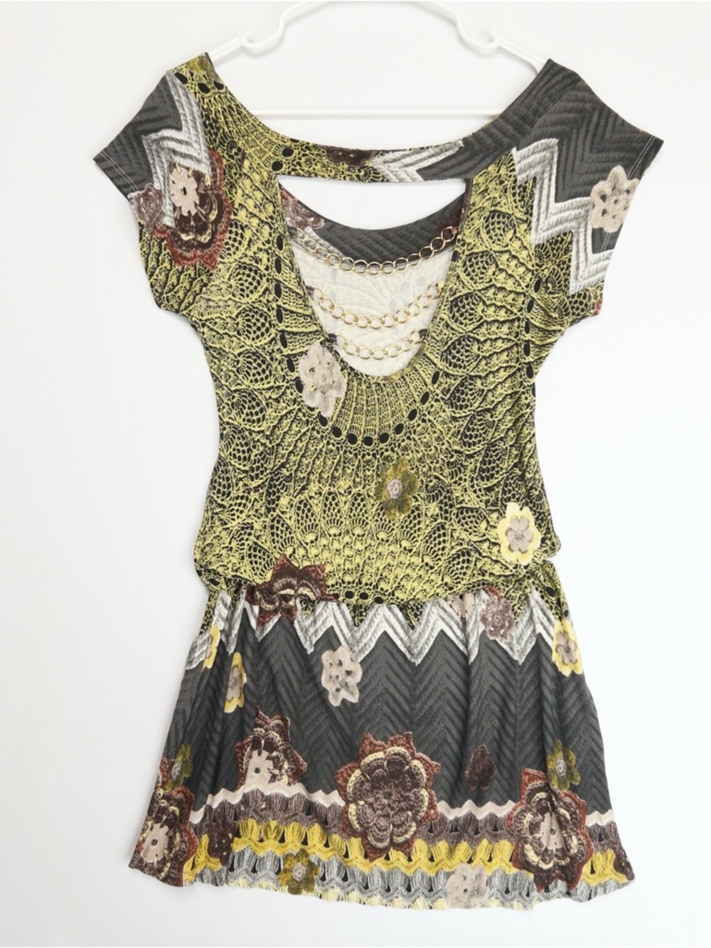 VTG Grunge Festival Mini Dress Mixed Graphic Print Gold Studded Chains Back M